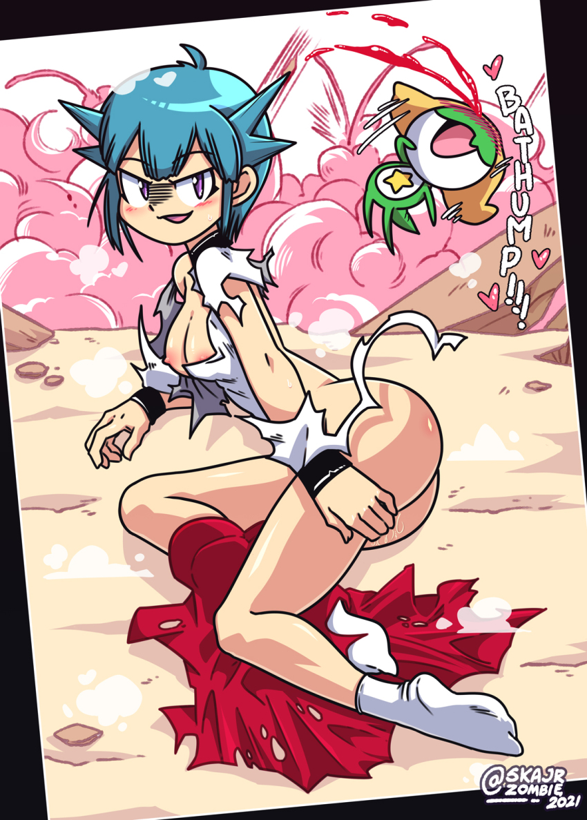 1girl ass blood blue_hair breasts evil_smile highres japanese_clothes keroro keroro_gunsou miko nishizawa_momoka nosebleed purple_hair pussy_juice skajrzombie small_breasts smile smoke tabi torn_clothes