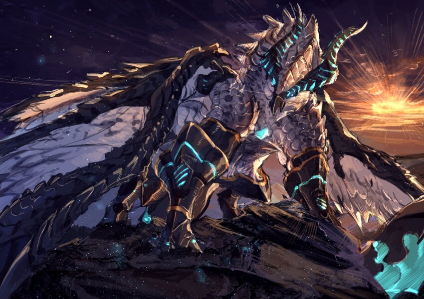 absurdres blue_eyes commission dragon dragon_horns dragon_wings folded_wings glowing glowing_eyes highres horns mechanical_legs night night_sky no_humans original scales skeb_commission sky standing_on_rock star_(sky) sunset touro wings