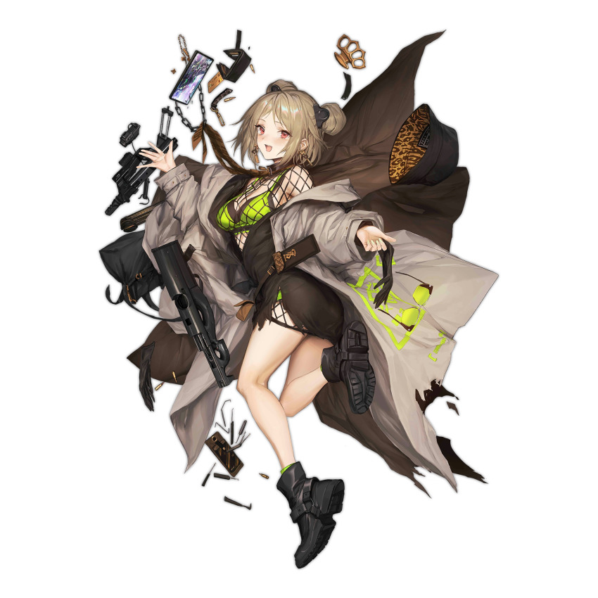 1girl ammunition armor-piercing_ammunition black_footwear black_shirt blush bra bra_strap brass_knuckles breasts brown_necktie bullet bullpup cellphone coat coat_on_shoulders double_bun earrings unworn_eyewear fishnets fn_5.7x28mm girls&#039;_frontline green_bra green_nails green_panties grey_coat grid gun hair_bun highres horizontal_magazine jewelry light_brown_hair lm7_(op-center) looking_at_viewer medium_breasts medium_hair nail_polish necktie official_alternate_costume official_art open_mouth p90 p90_(girls&#039;_frontline) p90_(the_girl_from_b.e.l)_(girls&#039;_frontline) panties pdw_cartridge phone red_eyes see-through_clothes shirt smartphone smile solo standing standing_on_one_leg submachine_gun supersonic_ammunition torn_clothes translucent transparent_background underwear weapon