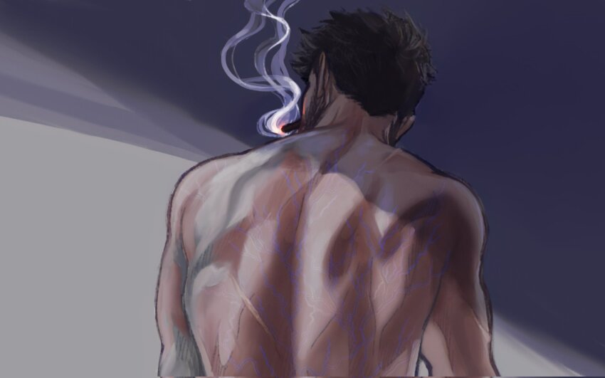 1boy back beard brown_hair cidolfus_telamon cigar commentary electricity english_commentary facial_hair final_fantasy final_fantasy_xvi from_behind glowing_veins highres male_focus melasyj nude short_hair shoulder_blades smoke smoke_trail smoking upper_body veins