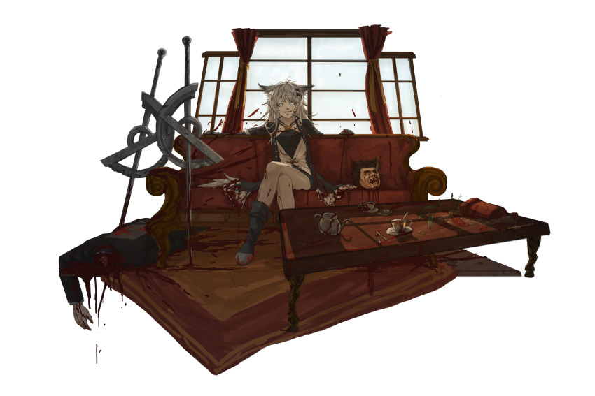 1010kman 1girl absurdres animal_ear_fluff animal_ears arknights black_boots black_jacket blood blood_on_clothes blood_on_furniture blood_on_tail boots breasts coffee_table couch day gloves grey_hair hair_between_eyes hair_ornament hairclip highres jacket lappland_(arknights) long_hair long_sleeves looking_at_viewer on_couch open_mouth scar scar_across_eye scar_on_face severed_head smile stab sword table teapot weapon window wolf_ears wolf_girl