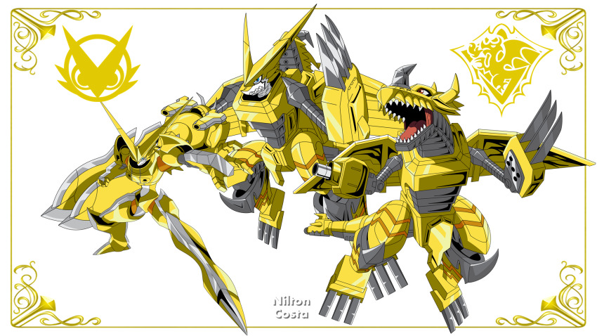 claws digimon digimon_(creature) fusion highres looking_at_viewer omegashoutmon sharp_teeth shoutmon_dx tail teeth tyrannosaurus_rex wings zekegreymon