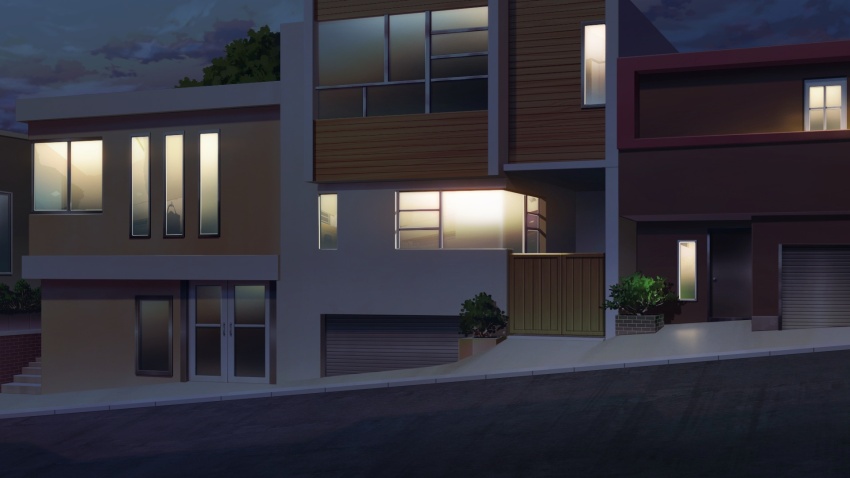 brick_wall bush cloud cloudy_sky dim_lighting fence garage highres house morning no_humans non-web_source official_art our_life our_life:_beginnings_and_always outdoors plant potted_plant road scenery sky stairs sunrise variant_set window wooden_wall