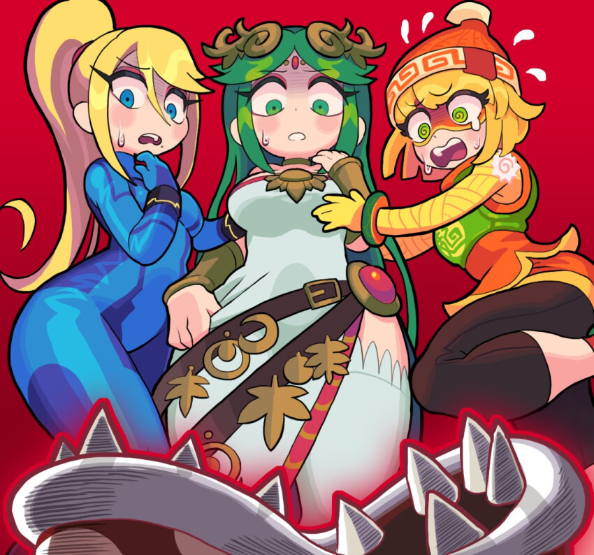 blonde_hair blue_bodysuit bodysuit gashi-gashi green_hair min_min_(arms) nintendo palutena piranha_plant samus_aran scared super_smash_bros.