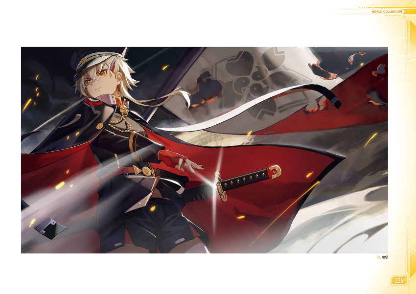 1girl aiguillette artbook artist_request azur_lane black_cape black_jacket black_shorts breasts burnt cape cowboy_shot from_below gloves half_gloves highres jacket katana kinu_(azur_lane) long_sleeves looking_to_the_side medium_breasts non-web_source official_art red_gloves sakura_empire_(emblem) sheath sheathed short_hair_with_long_locks shorts solo sword uniform unsheathing weapon white_hair yellow_eyes