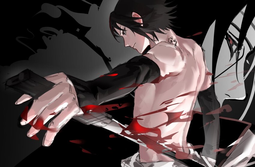 2boys black_hair blood bloody_weapon brothers closed_mouth commentary_request compression_sleeve hair_behind_ear highres holding holding_weapon i2d0012 korean_commentary looking_to_the_side male_focus multiple_boys naruto_(series) outstretched_arm red_eyes short_hair siblings sideways_glance standing topless_male uchiha_itachi uchiha_sasuke weapon