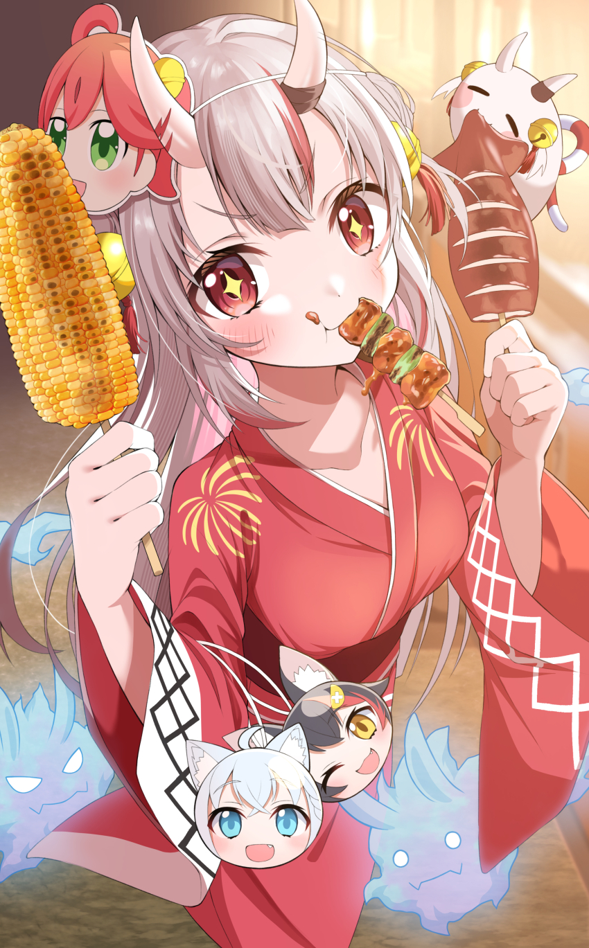 +_+ 1girl absurdres alternate_costume bell blush center-flap_bangs character_mask commentary_request corn corn_cob double_bun food food_in_mouth food_on_face from_above grilled_corn ikayaki hair_bell hair_bun hair_ornament highres holding holding_food hololive horns japanese_clothes jingle_bell karma_(nakiri_ayame) kimono long_hair looking_at_viewer mask mask_on_head nakiri_ayame obi oni ookami_mio poyoyo_(nakiri_ayame) print_kimono red_eyes red_kimono red_sash sakura_miko sash setsuna_(l9in1cszw3f6qsq) shirakami_fubuki shiranui_(nakiri_ayame) skewer skin-covered_horns solo tassel tassel_hair_ornament two_side_up v-shaped_eyebrows virtual_youtuber wide_sleeves yukata