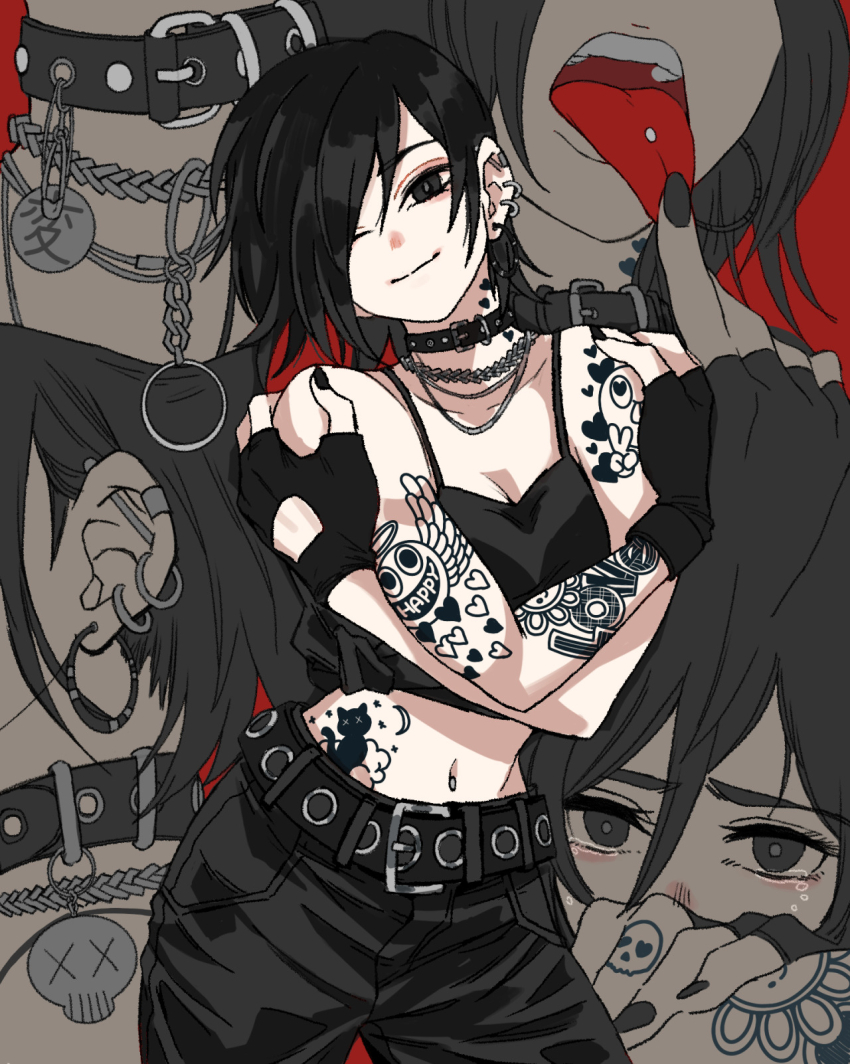 1girl arm_tattoo bare_shoulders belt belt_buckle belt_collar black_choker black_eyes black_hair black_nails black_pants breasts buckle choker cleavage collar cowboy_shot crop_top crossed_arms crying crying_with_eyes_open ear_piercing fingerless_gloves fingernails gloves goth_fashion hair_over_one_eye hands_on_own_shoulders heart highres jewelry judy_(sushi_pizza_rrr) looking_at_viewer medium_breasts midriff multiple_views navel necklace open_mouth original pants piercing red_background short_hair simple_background smile sushi_pizza_rrr tattoo tears teeth tongue tongue_out tongue_piercing