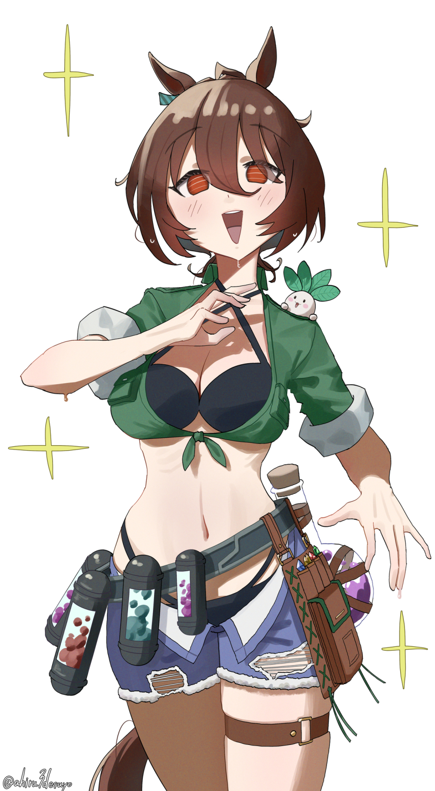 1girl agnes_tachyon_(lunatic_lab)_(umamusume) agnes_tachyon_(umamusume) ahiru3desuyo animal_ears arm_up bikini black_bikini blue_shorts blush brown_hair commentary_request creature criss-cross_halter crop_top denim denim_shorts flask flustered green_jacket hair_between_eyes halterneck highres horse_ears horse_girl horse_tail jacket kii-kun_(agnes_tachyon)_(umamusume) navel official_alternate_costume official_alternate_hairstyle open_fly open_mouth radish red_eyes round-bottom_flask shirt short_hair short_shorts short_sleeves shorts simple_background sleeves_rolled_up smile solo sparkle sweatdrop swimsuit tail thigh_strap tied_jacket torn_clothes torn_shorts umamusume white_background