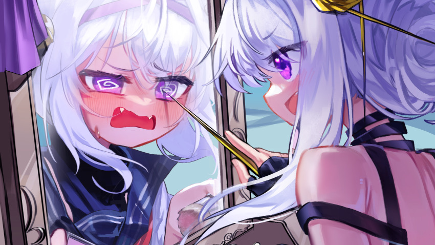 1girl @_@ bare_shoulders black_gloves blue_sailor_collar blush cosplay different_reflection eyelashes fangs feng_feng_(yopokaede) filian_(vtuber) fingerless_gloves gloves highres holding holding_weapon indie_virtual_youtuber mirror official_art open_mouth purple_eyes reflection sailor_collar sidelocks smile spy_x_family sweatdrop video_thumbnail virtual_youtuber weapon white_hair yor_briar yor_briar_(cosplay) youtube_video_thumbnail
