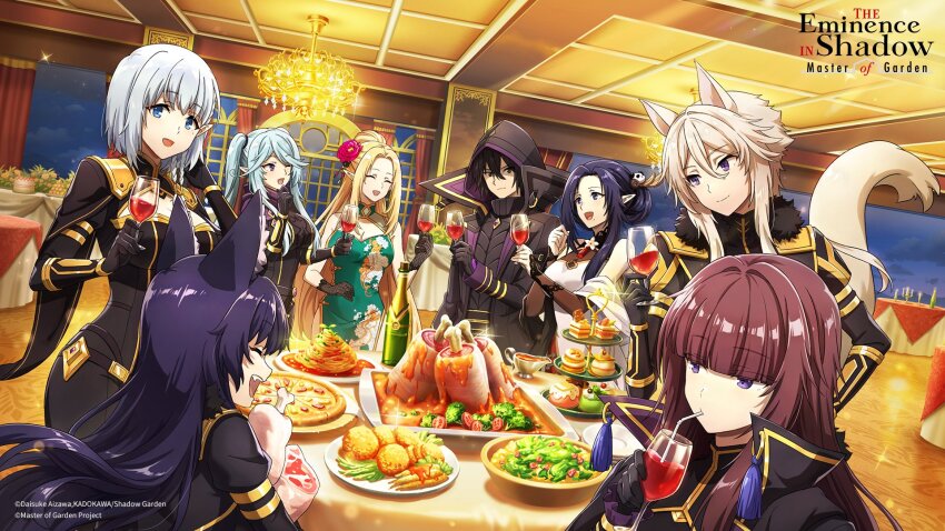 1boy 6+girls alpha_(kage_no_jitsuryokusha_ni_naritakute!) animal_ear_fluff animal_ears artist_request beta_(kage_no_jitsuryokusha_ni_naritakute!) black_eyes black_gloves black_hair black_hood black_jacket blonde_hair blue_hair bottle braid breasts brown_hair chandelier cid_kagenou cleavage cleavage_cutout closed_eyes closed_mouth clothing_cutout coat copyright_notice cup delta_(kage_no_jitsuryokusha_ni_naritakute!) dress drinking_glass drinking_straw epsilon_(kage_no_jitsuryokusha_ni_naritakute!) eta_(kage_no_jitsuryokusha_ni_naritakute!) fishnet_gloves fishnets flower food gamma_(kage_no_jitsuryokusha_ni_naritakute!) gloves gravy_boat green_dress hair_between_eyes hair_flower hair_ornament ham highres holding holding_cup jacket kage_no_jitsuryokusha_ni_naritakute! kage_no_jitsuryokusha_ni_naritakute!_master_of_garden logo long_hair mole mole_under_mouth multiple_girls official_art one_eye_closed open_clothes open_coat panda_hair_ornament pink_flower pizza pointy_ears purple_eyes shadow_(cid_kagenou) smile table tail tassel twintails white_dress wine_bottle wine_glass zeta_(kage_no_jitsuryokusha_ni_naritakute!)