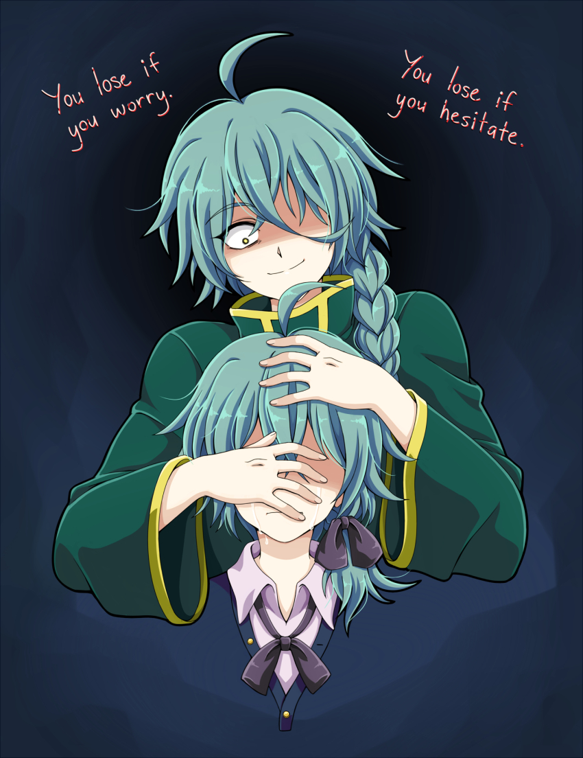 aged_down ahoge ashe_bradley braid crying english_text evil_smile green_hair hair_between_eyes hair_over_one_eye heart_hands_over_eye highres long_sleeves low_side_ponytail moon-realm side_braid single_braid smile turtleneck witch&#039;s_heart yellow_eyes