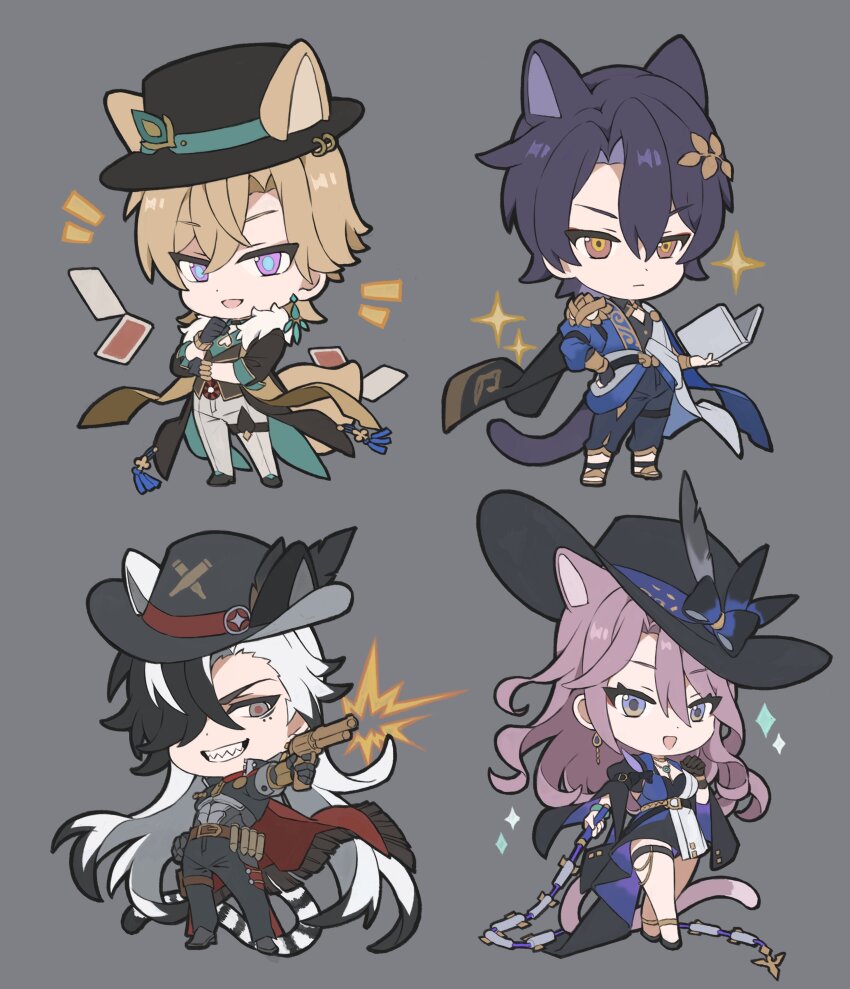 1girl 3boys absurdres animal_ears aventurine_(honkai:_star_rail) black_hair black_hat blonde_hair book boothill_(honkai:_star_rail) card cat_boy cat_ears cat_girl cat_tail chibi closed_mouth cowboy_hat dr._ratio_(honkai:_star_rail) ears_through_headwear grey_background grin gun hair_over_one_eye hat highres holding holding_book holding_gun holding_weapon holding_whip honkai:_star_rail honkai_(series) jade_(honkai:_star_rail) kemonomimi_mode long_hair multiple_boys pants papajay_(jennygin2) playing_card purple_hair simple_background smile tail very_long_hair weapon whip white_hair