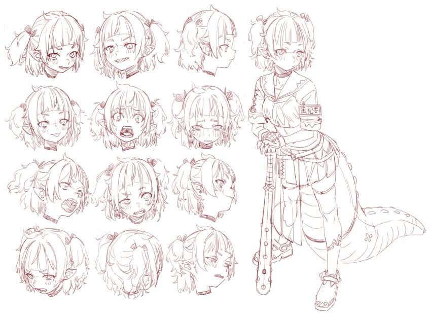 1girl :p agemmata ahoge armband blunt_bangs choker commentary constricted_pupils crocodile_girl crocodilian_tail earrings english_commentary fingerless_gloves gloves greyscale grin highres jewelry monochrome multiple_expressions multiple_views nitya_nil open_mouth phase_connect pleated_skirt pointy_ears sharp_teeth short_hair short_sleeves short_twintails simple_background skirt smile spiked_bat stud_earrings tail teeth tongue tongue_out twintails virtual_youtuber