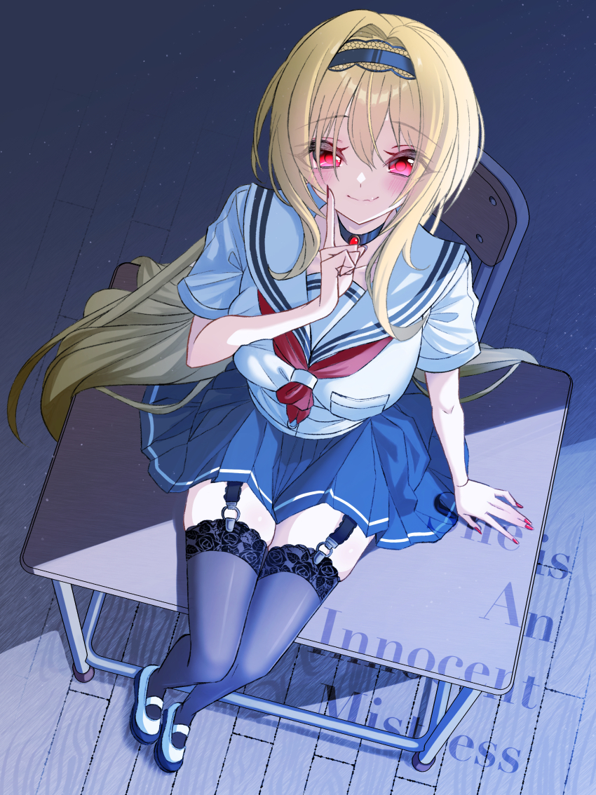 1girl absurdres black_choker black_garter_straps black_hairband black_thighhighs blonde_hair blue_skirt blush breasts chair choker commentary_request dear0518 desk english_text fingernails garter_straps hairband highres idolmaster idolmaster_cinderella_girls index_finger_raised indoors kurosaki_chitose large_breasts long_hair looking_at_viewer miniskirt nail_polish neckerchief on_desk pleated_skirt red_eyes red_nails red_neckerchief school_chair school_desk school_uniform serafuku shoes short_sleeves sitting skirt smile solo straight_hair thighhighs uwabaki very_long_hair white_background wooden_floor