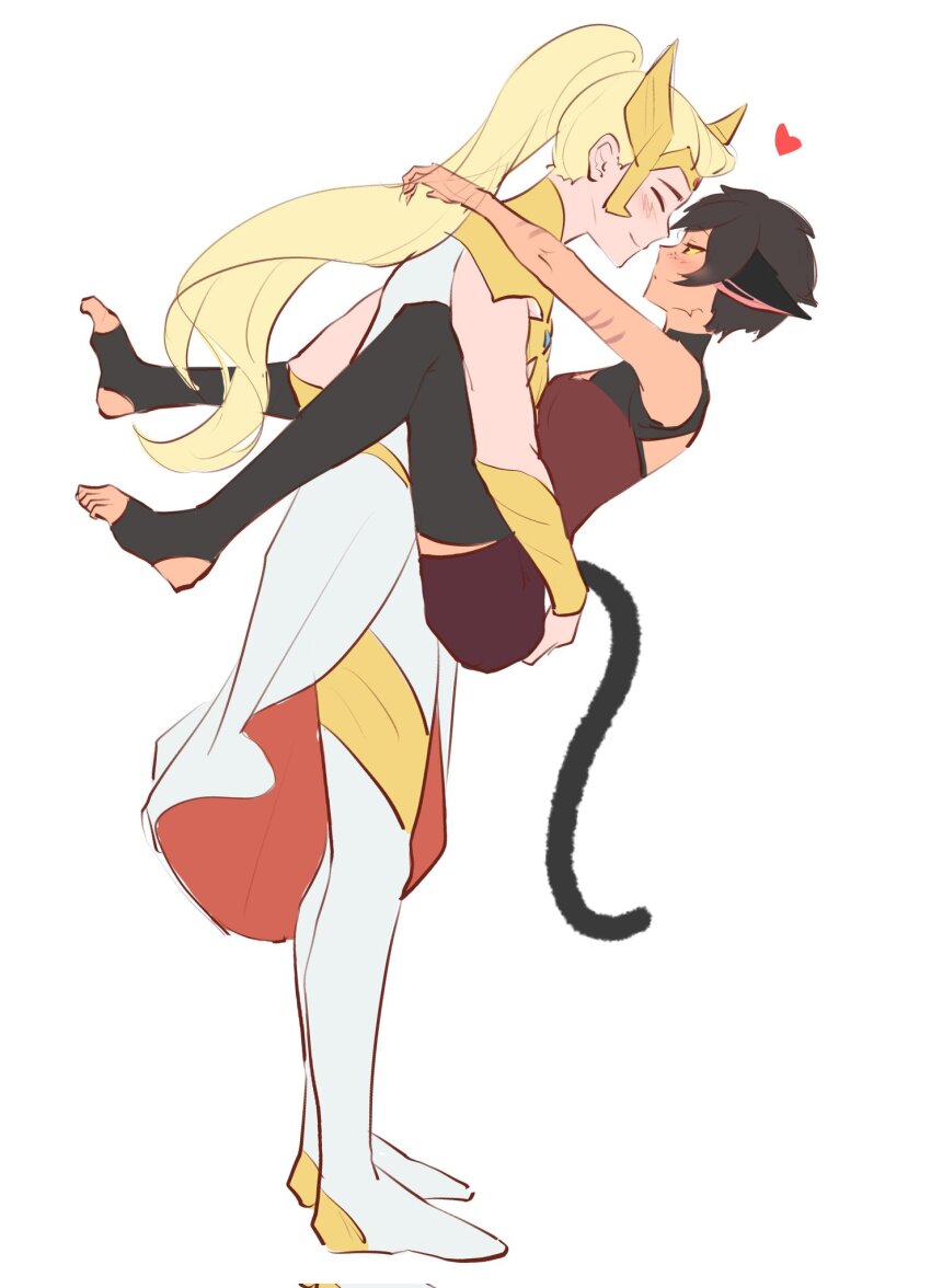 2girls adora_(she-ra) animal_ears black_hair blonde_hair bracer cat_ears cat_girl cat_tail catra highres hug lifting_person masters_of_the_universe multiple_girls ponytail she-ra she-ra_and_the_princesses_of_power short_hair sleeveless smile striped_skin tail tall_female tiara toeless_legwear very_short_hair youliqy yuri
