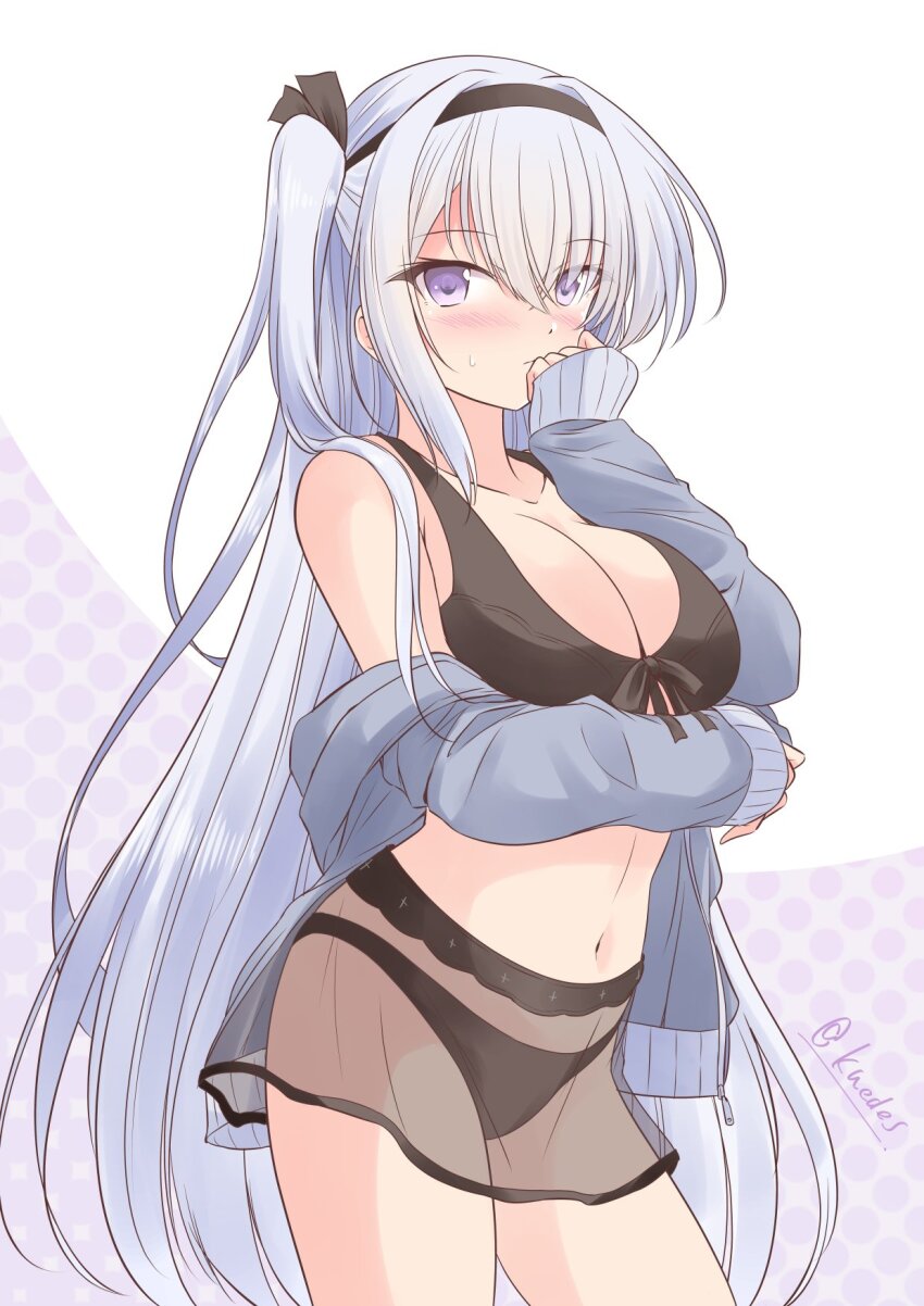 1girl bikini bikini_skirt black_bikini black_hairband breasts cleavage commentary_request contrapposto cosplay covering_own_mouth front-tie_bikini_top front-tie_top fuyutsuki_(kancolle) grey_eyes grey_hair grey_jacket hairband highres jacket kantai_collection large_breasts long_hair one-hour_drawing_challenge one_side_up see-through_clothes see-through_skirt shizuna_kaede skirt solo suzutsuki_(kancolle) suzutsuki_(kancolle)_(cosplay) suzutsuki_(swimsuit)_(kancolle) swimsuit