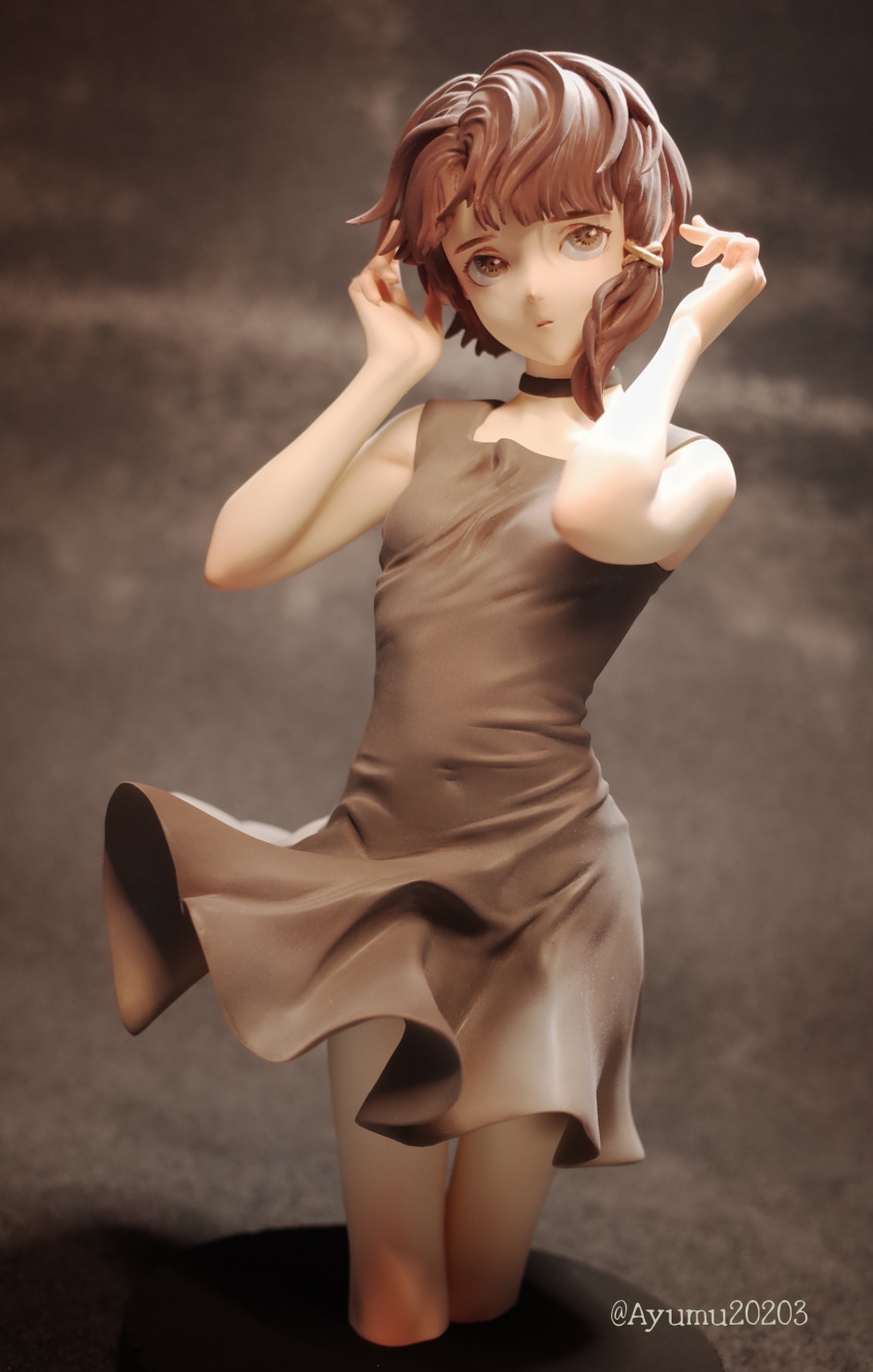 1girl absurdres breasts brown_eyes brown_hair choker dress expressionless garage_kit_(medium) grey_dress hamano_ayumu highres iwakura_lain looking_at_viewer photo_(medium) serial_experiments_lain short_hair small_breasts solo unconventional_media