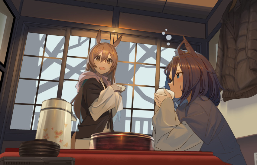 2girls ahoge alternate_costume animal_ears ashinowoto black_hair blue_eyes bowl brown_hair closed_mouth coat cup drinking eishin_flash_(umamusume) highres holding holding_cup horse_ears horse_girl indoors japanese_clothes kimono long_sleeves looking_at_another multiple_girls open_mouth short_hair sitting smart_falcon_(umamusume) smile squeans standing table towel towel_around_neck umamusume unworn_coat white_kimono window