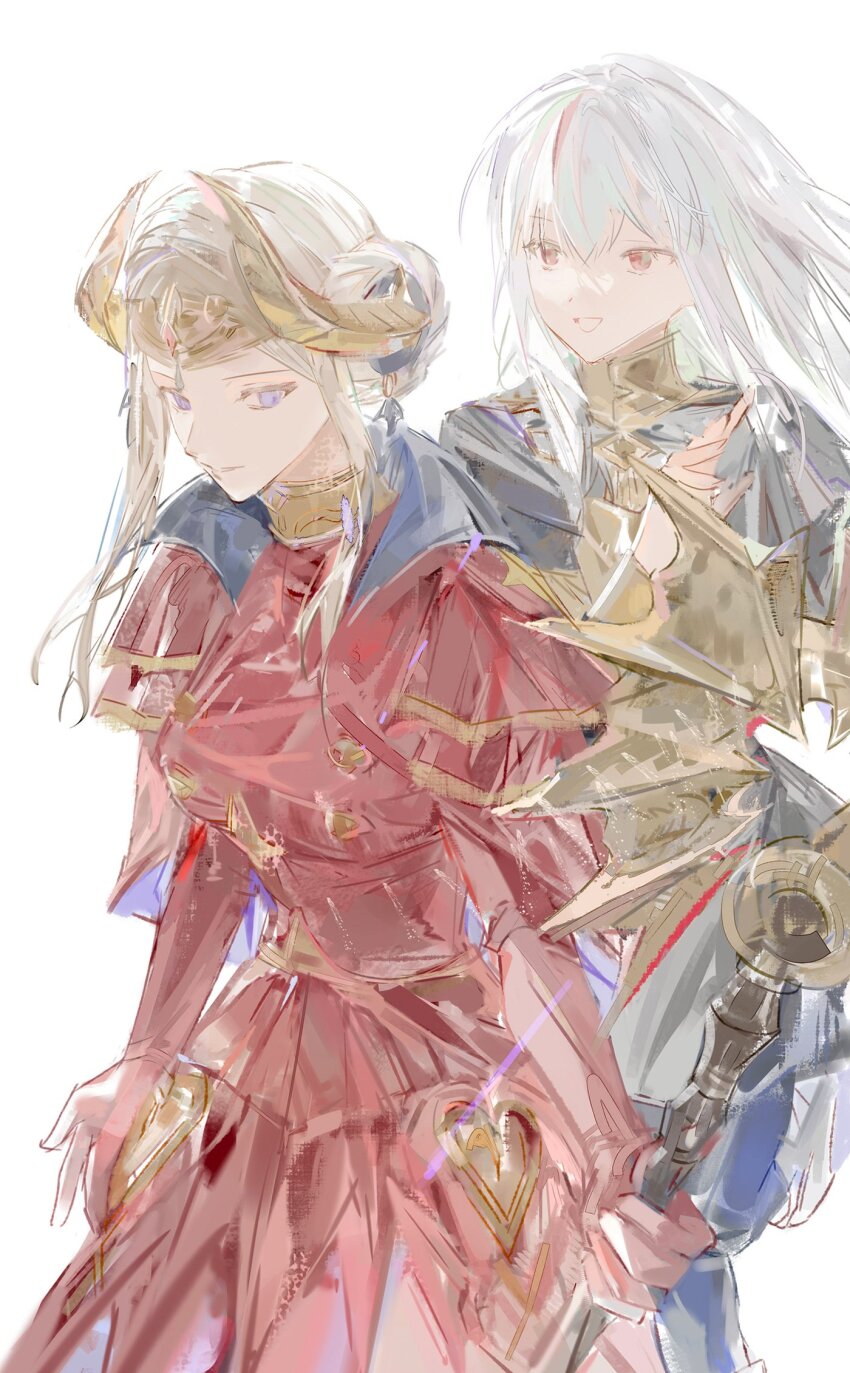 2girls aymr_(fire_emblem) behind_another blonde_hair cape closed_mouth collared_cape couple double_bun dress edelgard_von_hresvelg edelgard_von_hresvelg_(timeskip) fake_horns fire_emblem fire_emblem:_three_houses from_above from_side garreg_mach_monastery_uniform gloves hair_between_eyes hair_bun hair_down hand_up headpiece high_collar highres holding holding_weapon horns long_hair long_sleeves looking_down looking_to_the_side lysithea_von_ordelia maouasuka multiple_girls nintendo open_mouth pants puffy_long_sleeves puffy_sleeves purple_eyes red_cape red_dress red_eyes simple_background standing walking weapon white_background white_hair yuri