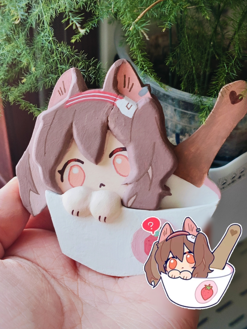 1girl :&lt; ? absurdres angelina_(arknights) animal_ears arknights brown_hair chibi chibi_inset clay_(medium) earpiece food fox_ears fruit hair_between_eyes hairband highres in_container looking_at_viewer photo_(medium) red_eyes red_hairband solo spoken_question_mark spoon strawberry striped_clothes striped_hairband twintails two-tone_hairband unconventional_media wooden_spoon wuyingzuotian yogurt