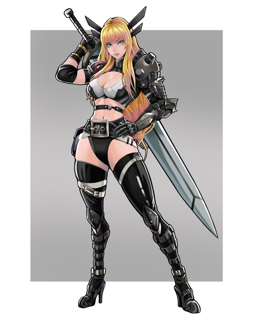 1girl animification blonde_hair boots breasts buckle cleavage_cutout clothing_cutout crop_top full_body green_eyes highleg_shorts highres huge_weapon long_hair magik_(x-men) marvel medium_breasts midriff simple_background solo standing sword thigh_boots to-ru vambraces weapon
