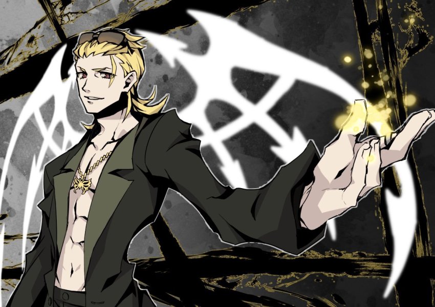 1boy abs black_jacket blonde_hair butterfly_necklace closed_mouth eyelashes jacket male_focus medium_hair no_shirt open_clothes open_jacket red_eyes shiba_(ntwewy) shin_subarashiki_kono_sekai smile solo solo_focus spiked_wings subarashiki_kono_sekai sunglasses sunglasses_on_head upper_body white_wings wings