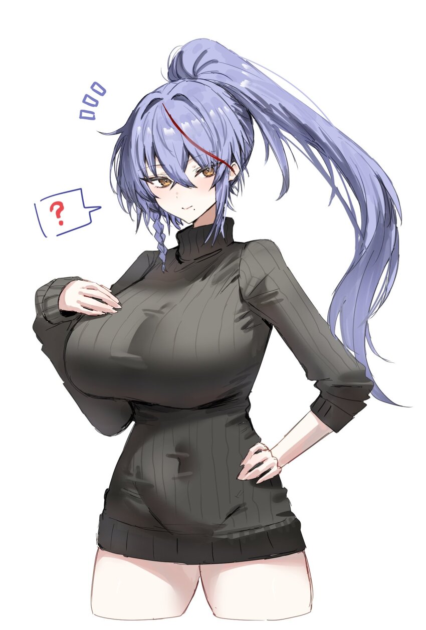 ? akafuyu_(arknights) arknights black_sweater breasts brown_eyes commentary_request cropped_legs hand_on_own_chest hand_on_own_hip highres horn/wood huge_breasts long_hair long_sleeves looking_at_viewer mole mole_under_mouth ponytail purple_hair ribbed_sweater smile spoken_question_mark standing sweater thighs very_long_hair