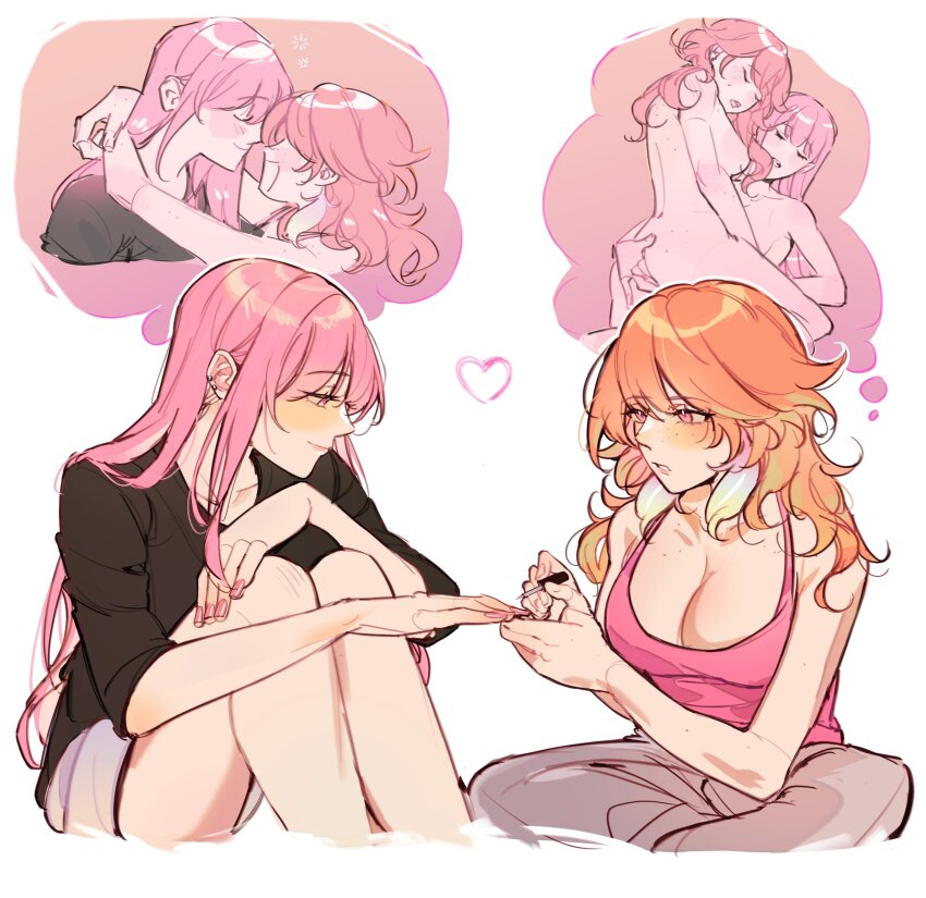 2girls absurdres alternate_costume amlichan blush breasts couple earrings facing_another feather_earrings feathers gradient_hair head_on_another&#039;s_shoulder highres hololive hololive_english hug implied_futanari jewelry large_breasts long_hair mori_calliope multicolored_hair multiple_girls mutual_hug orange_hair pink_hair purple_eyes red_eyes shirt smile takanashi_kiara virtual_youtuber
