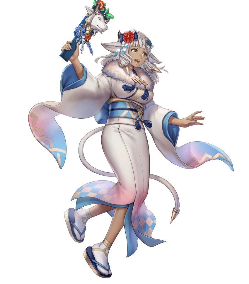 1girl anbe_yoshirou animal_ears ash_(fire_emblem) ash_(new_year)_(fire_emblem) breasts cow_ears cow_horns cow_tail dark-skinned_female dark_skin fire_emblem fire_emblem_heroes flower full_body fur_trim gradient_background gradient_clothes hagoita hair_ornament highres holding horns japanese_clothes kimono long_hair looking_away medium_breasts nintendo non-web_source obi official_art open_mouth paddle sandals sash sidelocks smile solo tabi tail transparent_background white_hair wide_sleeves yellow_eyes zouri