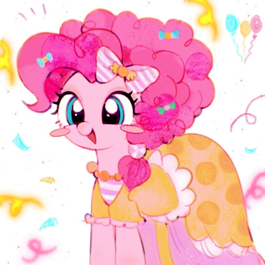 :d animal animal_focus azhiichigo balloon bead_choker beads blue_bow blue_eyes blush_stickers bow choker colored_skin commentary confetti cross-eyed curly_hair cutie_mark diagonal-striped_bow dress english_commentary feet_out_of_frame film_grain frilled_dress frilled_sleeves frills green_bow long_hair low_ponytail my_little_pony my_little_pony:_friendship_is_magic no_humans official_alternate_costume official_alternate_hairstyle open_mouth orange_choker pink_bow pink_hair pink_skin pinkie_pie polka_dot polka_dot_dress pony_(animal) ponytail short_sleeves simple_background smile solo striped_bow two-tone_bow white_background white_bow yellow_dress
