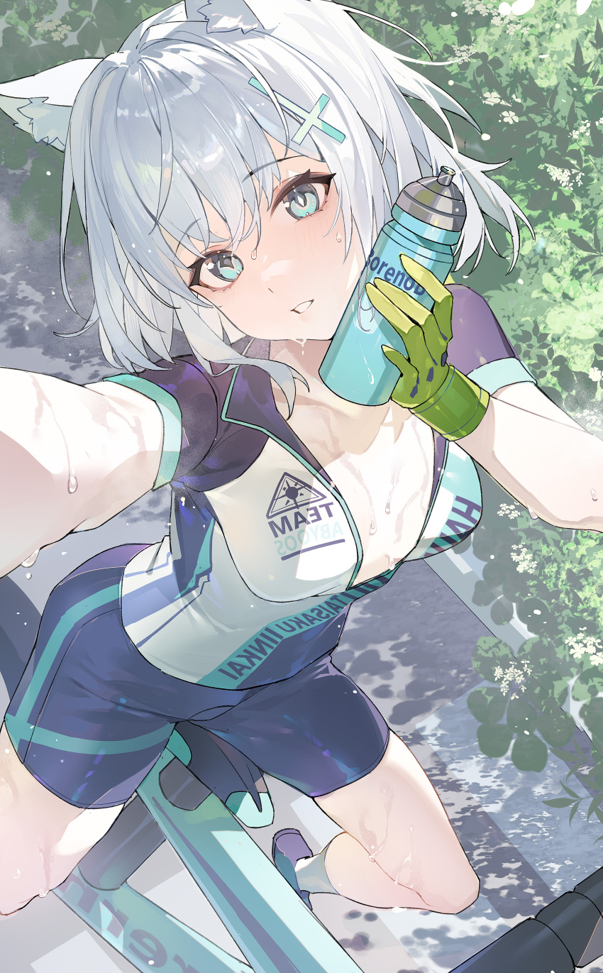absurdres animal_ear_fluff animal_ears aqua_eyes bicycle bike_jersey bike_shorts blue_archive bottle breasts chinese_commentary commentary_request cross cross_hair_ornament gloves green_gloves hair_ornament highres holding holding_bottle inverted_cross lushi_jin_up mismatched_pupils official_alternate_costume outstretched_arm parted_lips riding riding_bicycle road_bicycle selfie shiroko_(blue_archive) shiroko_(cycling)_(blue_archive) short_hair small_breasts socks sweat unzipped water_bottle white_socks wolf_ears