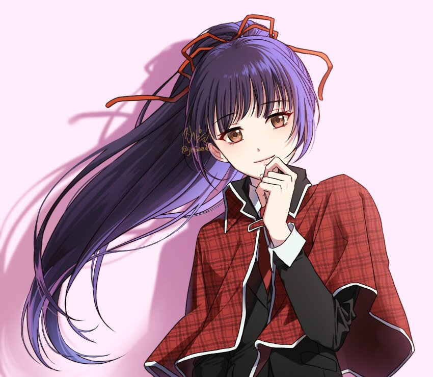 1boy blunt_bangs brown_eyes capelet closed_mouth commentary_request floating_hair fujisaki_nadeshiko hair_ribbon highres jin6aeul long_sleeves looking_at_viewer male_focus red_capelet ribbon school_uniform shadow shugo_chara! sidelocks smile solo twitter_username upper_body