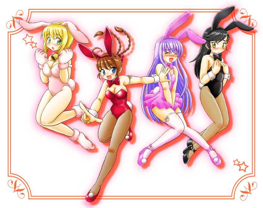 00s 4girls absurdres animal_ears animal_hands arika_yumemiya bare_legs bell black_hair blonde_hair blue_eyes blush braid brown_hair closed_eyes covered_erect_nipples dress embarrassed erstin_ho fake_animal_ears gloves green_eyes highres hoshikawa_tsukimi leotard long_hair mashiro_blan_de_windbloom multiple_girls my-hime my-otome nina_wang pantyhose playboy_bunny purple_hair rabbit_ears short_hair sunrise_(company) thighhighs twin_braids wrist_cuffs yellow_eyes