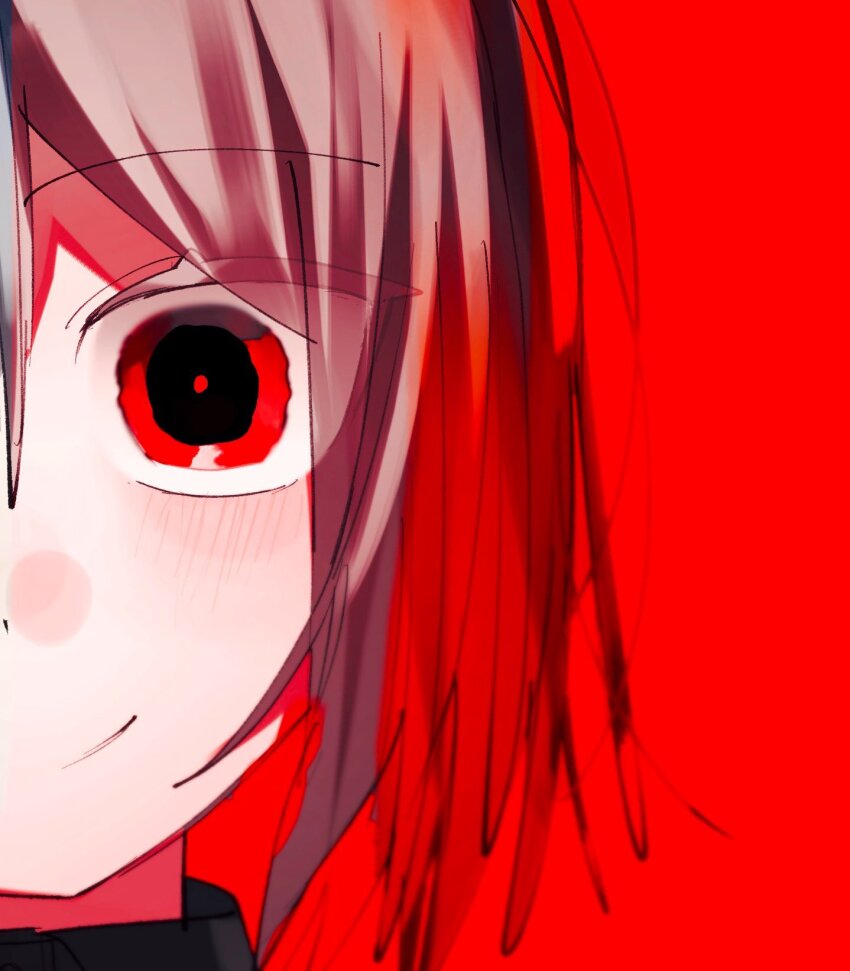 1other black_sweater blush bright_pupils chara_(undertale) close-up closed_mouth colored_eyelashes commentary_request grey_hair hair_between_eyes highres kurobarashan looking_at_viewer other_focus red_background red_eyes red_pupils short_hair simple_background smile solo sweater tsurime turtleneck turtleneck_sweater undertale utdr_(toby_fox) wide-eyed
