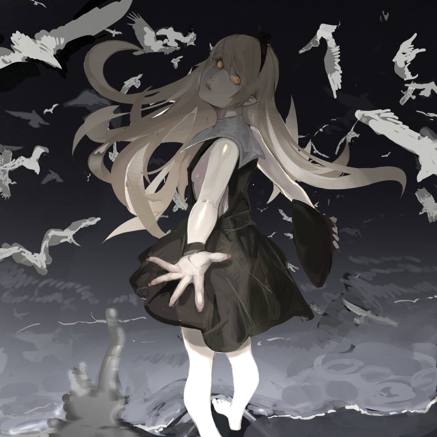1girl absurdres barefoot beach bird black_dress black_hairband black_hat blonde_hair dress hairband hat highres holding holding_unworn_clothes holding_unworn_hat long_hair looking_at_viewer monogatari_(series) night ocean oshino_shinobu pointy_ears reaching reaching_towards_viewer seagull shishirui_san solo unworn_hat unworn_headwear vampire very_long_hair yellow_eyes