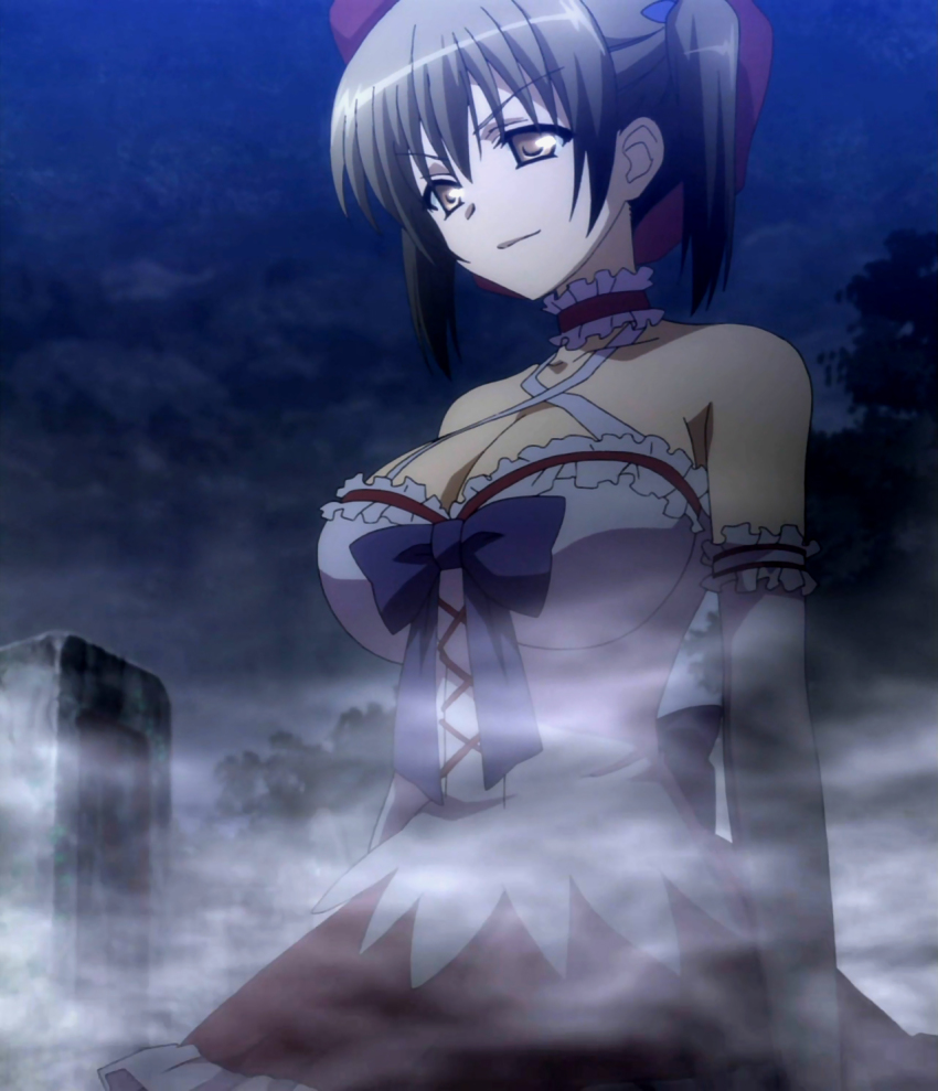 10s 1girl anime_screenshot arm_garter bare_shoulders bow breasts choker cleavage elbow_gloves fog frills gloves grave highres kore_wa_zombie_desu_ka? kyouko_(korezom) large_breasts magical_girl night non-web_source solo_focus spoilers stitched third-party_edit twintails