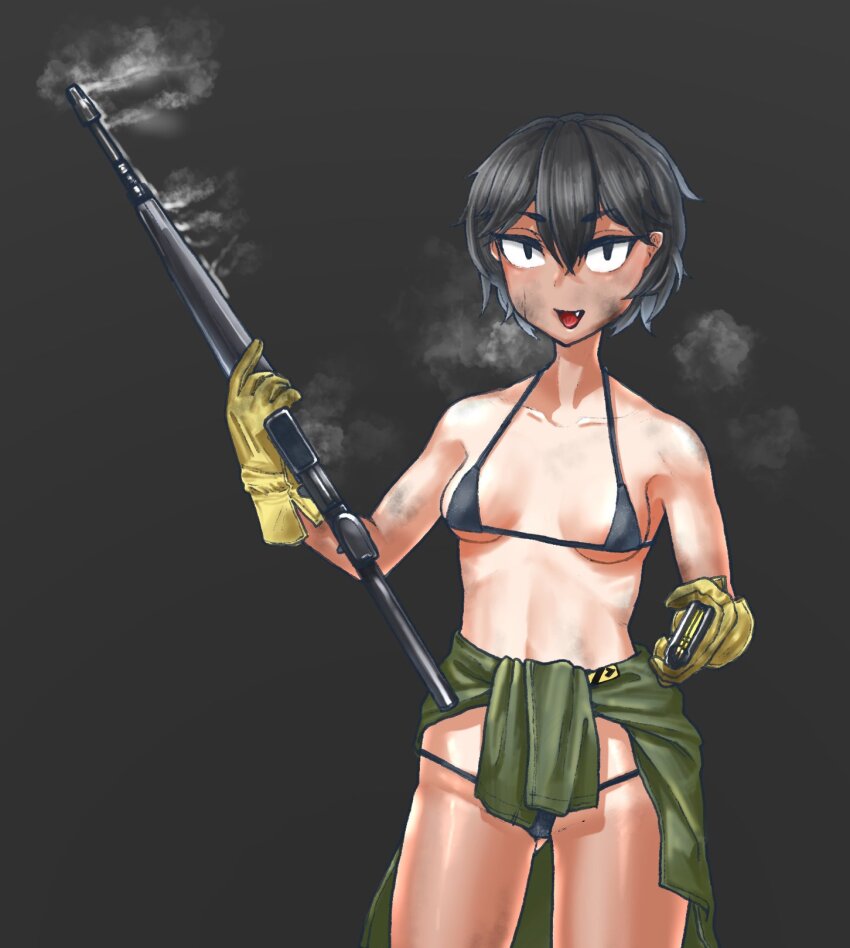 1girl assault_rifle bikini black_background black_hair breasts ceramic_plate clothes_around_waist collarbone dirty dirty_face fang gloves gun highres holding holding_gun holding_magazine_(weapon) holding_weapon jacket jacket_around_waist looking_at_viewer m16 m16a1 magazine_(weapon) open_mouth original rifle short_hair small_breasts swimsuit tomboy tongue weapon