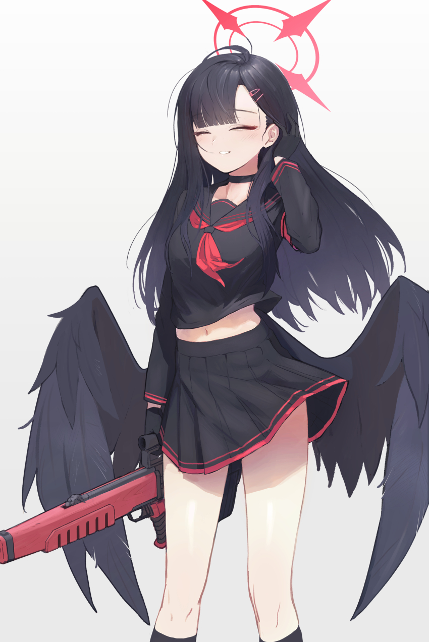 1girl absurdres assault_rifle black_hair black_shirt black_skirt black_wings blue_archive bullpup em-2 feathered_wings feet_out_of_frame gun halo highres holding holding_gun holding_weapon ichika_(blue_archive) kabanoki low_wings midriff_peek navel rifle school_uniform serafuku shirt skirt smile solo weapon wings