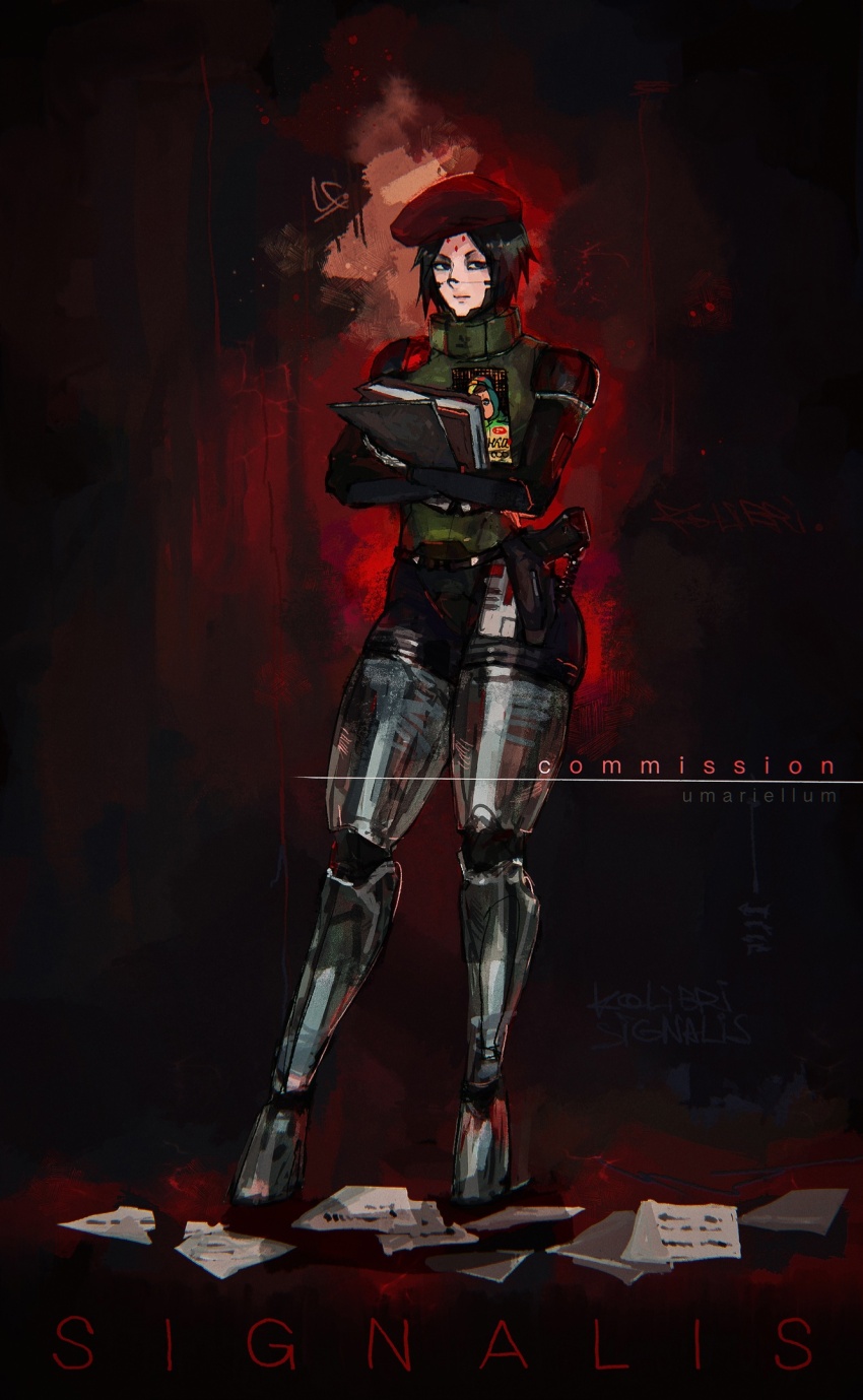1girl android beret black_background black_hair closed_mouth commentary commission copyright_name full_body gun handgun hat highres holding holstered kolibri_(signalis) looking_at_viewer mechanical_legs paper red_background red_hat russian_commentary short_hair signalis solo two-tone_background umariellum weapon