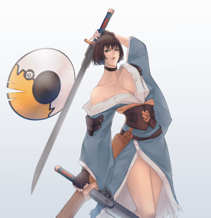 1girl arc_system_works black_hair blue_eyes breasts choker cleavage collarbone fingerless_gloves gloves hard_corps:_uprising highres japanese_clothes konami large_breasts sayuri_(hard_corps) sword weapon
