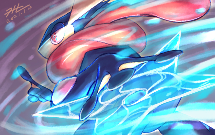commentary_request dated from_side gen_6_pokemon greninja looking_ahead nintendo no_humans null_suke one-hour_drawing_challenge pokemon pokemon_(creature) red_eyes shuriken signature tongue upper_body water weapon
