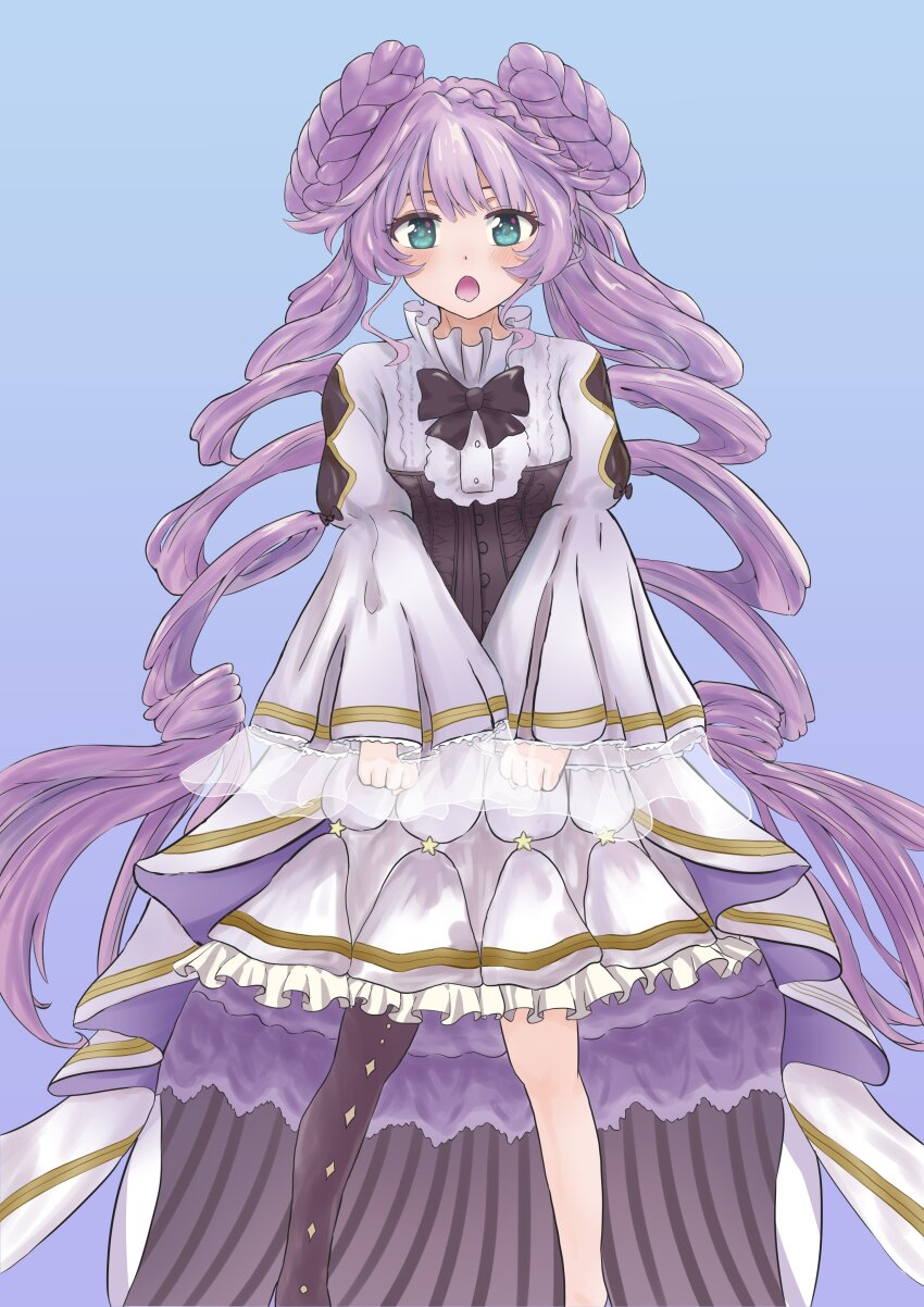 absurdres asymmetrical_legwear black_ribbon blue_background blue_eyes collar double_bun dress duel_monster frilled_collar frilled_dress frills gt_majoyan hair_bun highres long_hair long_sleeves looking_at_viewer mismatched_legwear open_mouth puffy_sleeves purple_hair ribbon selettrice_vaalmonica standing very_long_hair white_dress yu-gi-oh!