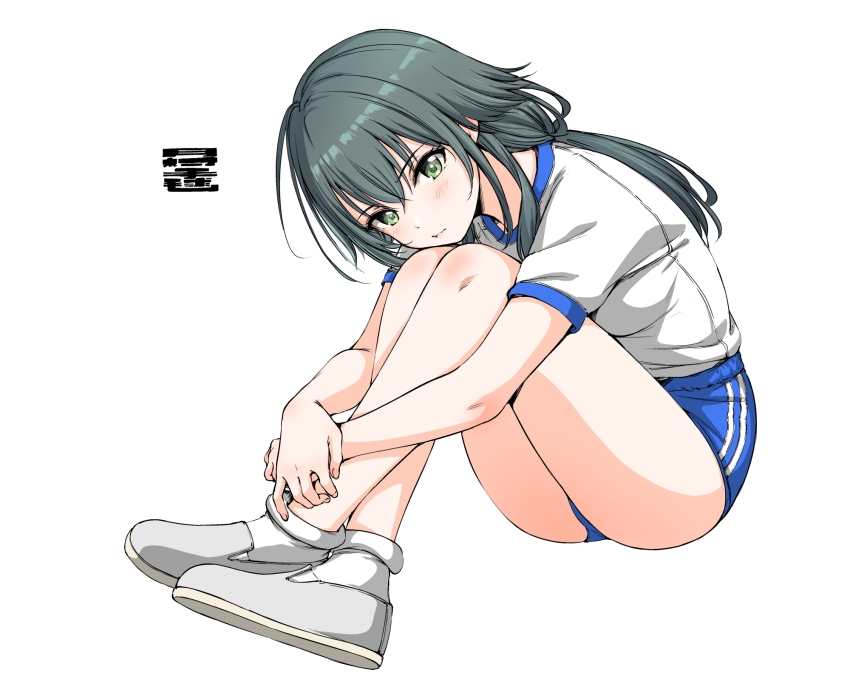 1girl :t bare_arms bare_legs blue_buruma blush buruma character_name commentary_request crossed_ankles dated fingernails full_body gakuen_idolmaster green_eyes green_hair gym_shirt gym_uniform hair_flaps hamao head_rest highres hugging_own_legs idolmaster invisible_chair knees_up long_hair looking_at_viewer shirt shoes simple_background sitting sneakers solo translated tsukimura_temari very_long_hair white_background white_shoes