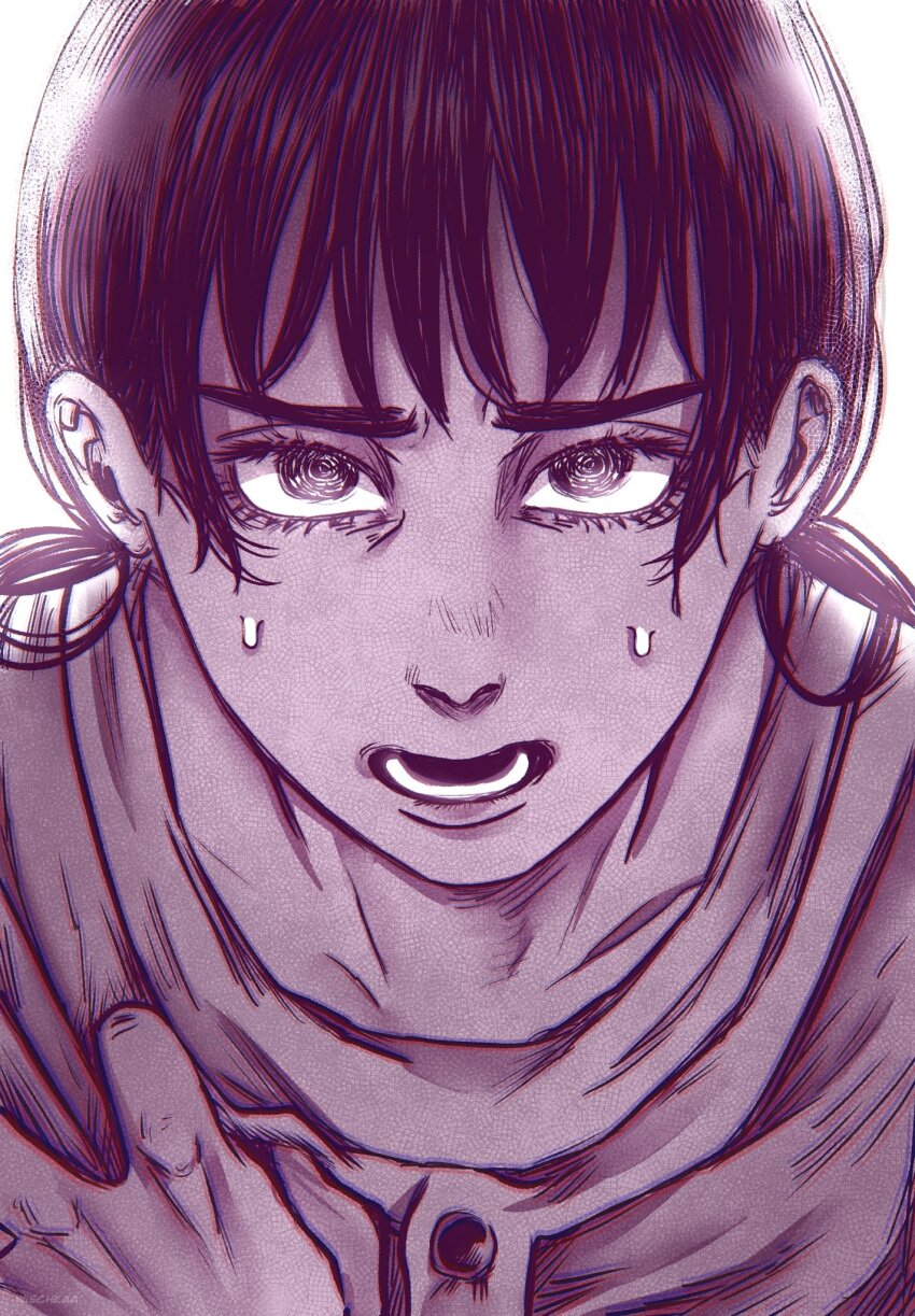 1girl backlighting chainsaw_man chromatic_aberration commentary english_commentary greyscale hand_on_own_chest highres low_twintails mitaka_asa monochrome open_mouth portrait sepia solo sweat twintails wischkaa