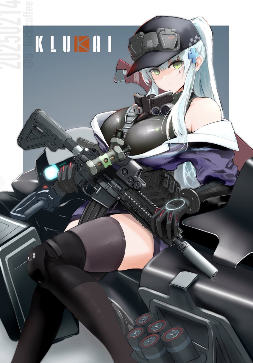 1girl artist_name assault_rifle b-luck_coffee baseball_cap black_gloves black_hat black_thighhighs blue_hair breasts character_name commentary covenant_halo_(girls&#039;_frontline_2) cross_hair_ornament dated english_commentary explosive flashbang girls&#039;_frontline girls&#039;_frontline_2:_exilium gloves green_eyes grenade gun h&amp;k_hk416 hair_ornament hat highres hk416_(girls&#039;_frontline) holding holding_gun holding_weapon jacket klukai_(girls&#039;_frontline_2) long_hair looking_at_viewer motor_vehicle motorcycle off_shoulder ponytail purple_jacket rail_(weapon) reflex_sight rifle sidelocks simple_background solo suppressor tattoo teardrop_facial_mark teardrop_tattoo thighhighs twitter_username weapon