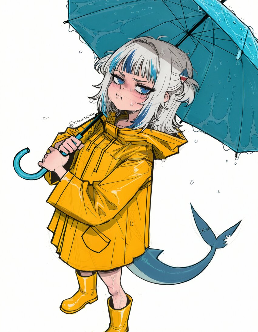 1girl absurdres blue_eyes boots closed_mouth fins fish_tail gawr_gura hair_ornament highres holding holding_umbrella hololive hololive_english looking_at_viewer multicolored_hair orangtheman pout rain raincoat rubber_boots shark_girl shark_hair_ornament shark_tail solo streaked_hair tail umbrella virtual_youtuber wet wet_hair white_background white_hair yellow_raincoat