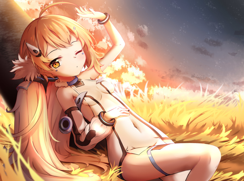 1girl absurdres ahoge arm_up azur_lane blonde_hair breasts commentary_request covered_navel detached_sleeves dress eldridge_(azur_lane) facial_mark fur grass grasslands hair_between_eyes hair_tubes highres juiceneko long_hair looking_at_viewer lying one_eye_closed orange_eyes sidelocks small_breasts solo thighhighs twilight white_dress white_thighhighs zettai_ryouiki
