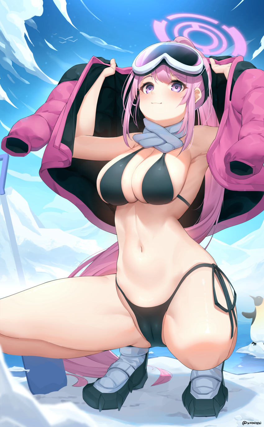 1girl absurdres bikini bird black_bikini blue_archive blue_sky breasts cameltoe cleavage cloud coat commentary_request eimi_(blue_archive) eimi_(swimsuit)_(blue_archive) goggles goggles_on_head halo highres iceberg kidovie medium_breasts navel official_alternate_costume outdoors penguin pink_coat pink_hair pink_halo purple_eyes shovel ski_goggles sky snow solo spread_legs squatting swimsuit thighs