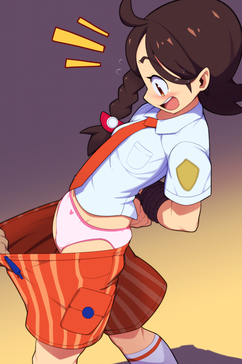 2girls ahoge arms_behind_back blush bound bound_arms braid brown_eyes brown_hair clothes_pull dark-skinned_female dark_skin euf-dreamer female_focus female_pervert flat_chest flying_sweatdrops from_side groin hair_ornament heart heart_print highres implied_yuri juliana_(pokemon) kneehighs legs long_hair looking_down matching_hair/eyes multiple_girls naranja_academy_school_uniform navel necktie nemona_(pokemon) nintendo open_mouth panties pervert pink_panties pokemon pokemon_sv print_panties restrained school_uniform shoes short_sleeves shorts shorts_pull side_braid sneakers socks standing swept_bangs underwear white_socks